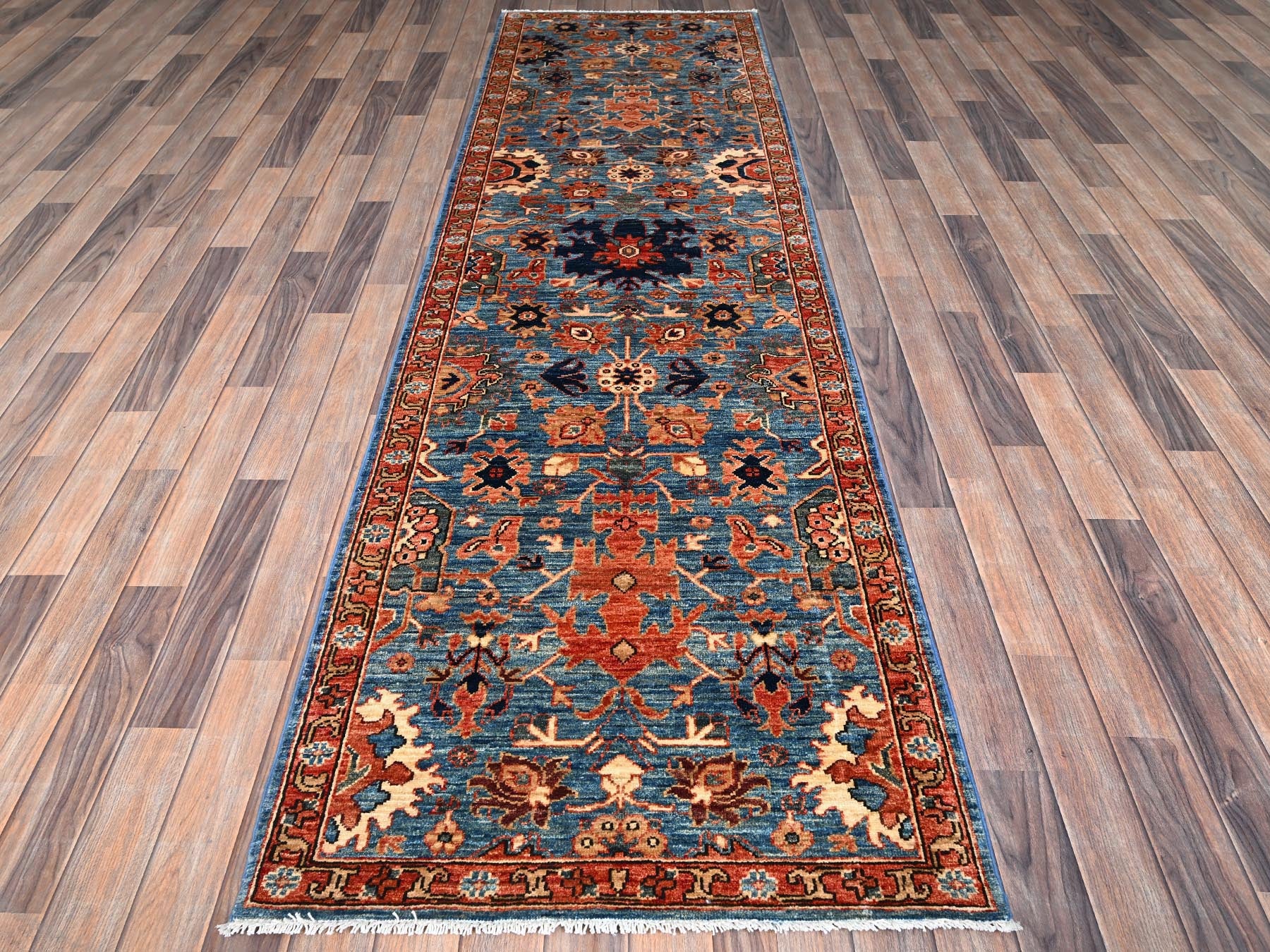 Heriz Tribal & Geometric hand-knotted wool runner in Blue & Red, 2'11" x 9'11" — SKU O01117 (view 2)