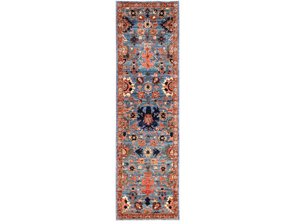 Blue 2'7" x 9'9" Tribal & Geometric Hand knotted Wool Rug - Sku: O01120