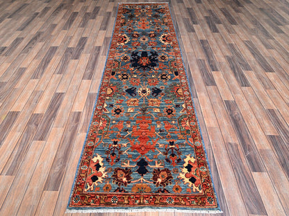 Blue 2'7" x 9'9" Tribal & Geometric Hand knotted Wool Rug - Sku: O01120