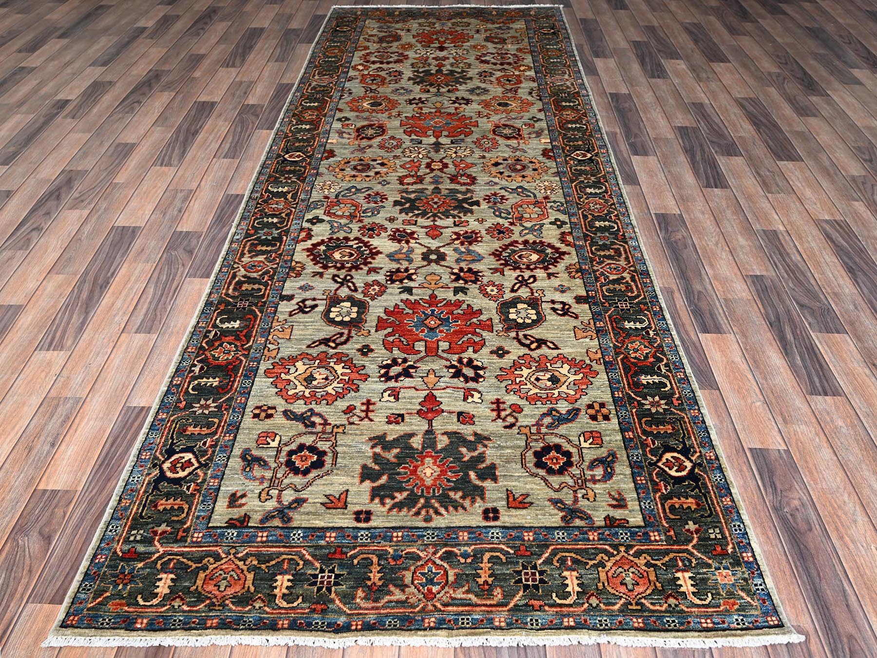 Green 4'2" x 11'9" Tribal & Geometric Hand knotted Wool Rug - Sku: O01130