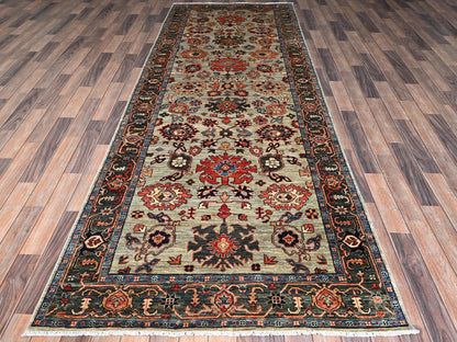Green 4'2" x 11'9" Tribal & Geometric Hand knotted Wool Rug - Sku: O01130