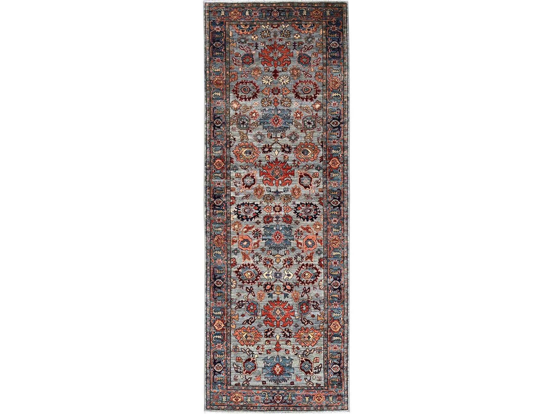 Heriz Tribal & Geometric hand-knotted wool runner in Gray & Blue, 4'1" x 11'9" — SKU O01132