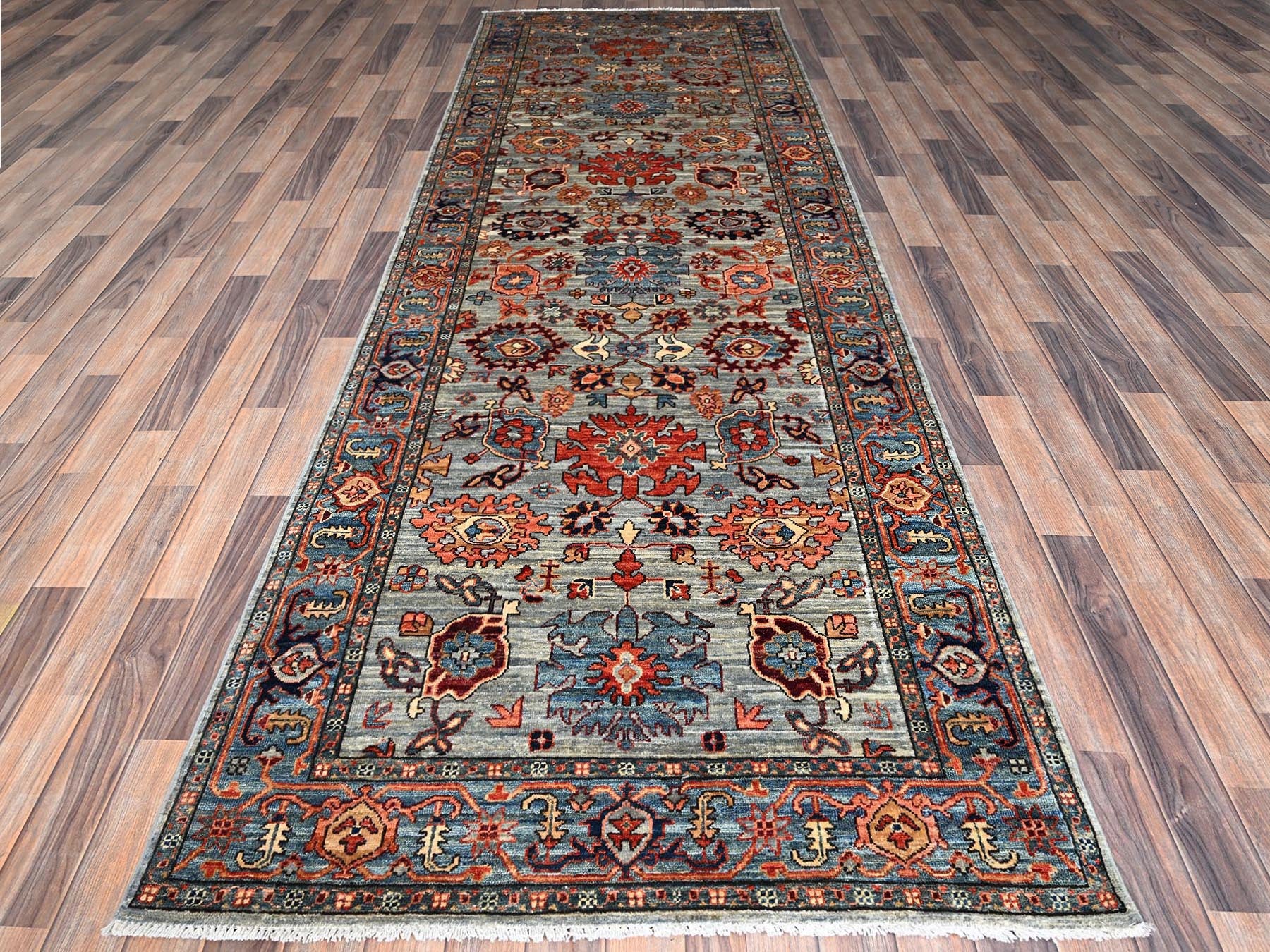 Grey 4'1" x 11'9" Tribal & Geometric Hand knotted Wool Rug - Sku: O01132