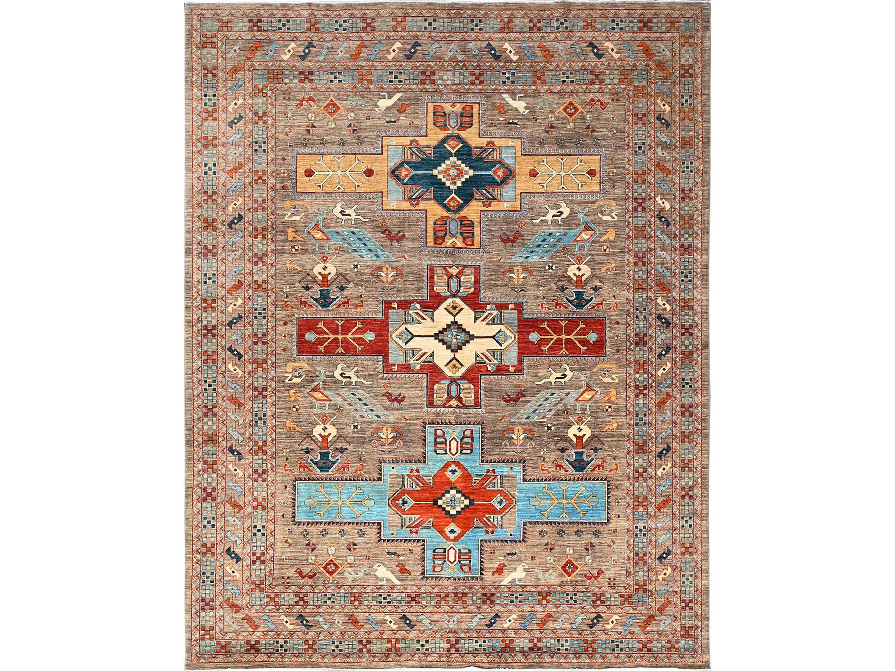 Tribal & Geometric hand-knotted wool rug in Gray, 9'1" x 11'6" — SKU O01143