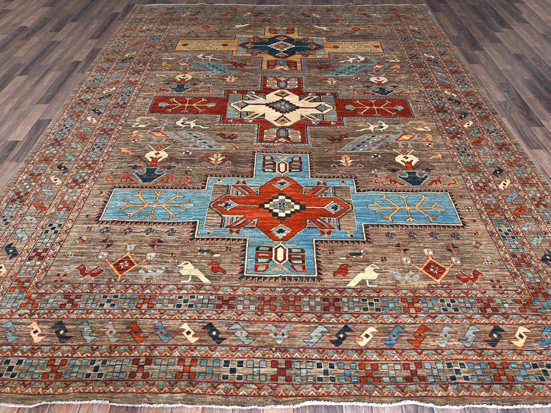 Grey 9'1" x 11'6" Tribal & Geometric Hand knotted Wool Rug - Sku: O01143
