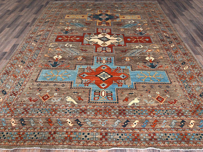 Grey 9'1" x 11'6" Tribal & Geometric Hand knotted Wool Rug - Sku: O01143