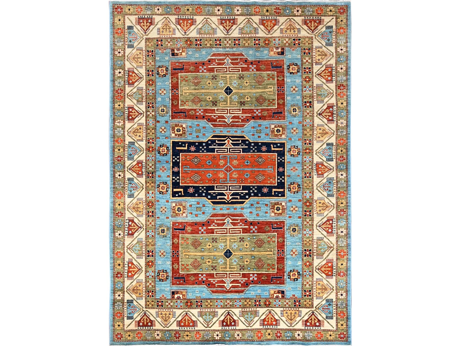 Tribal & Geometric hand-knotted wool rug in Blue & Ivory, 6' x 8'6" — SKU O01144