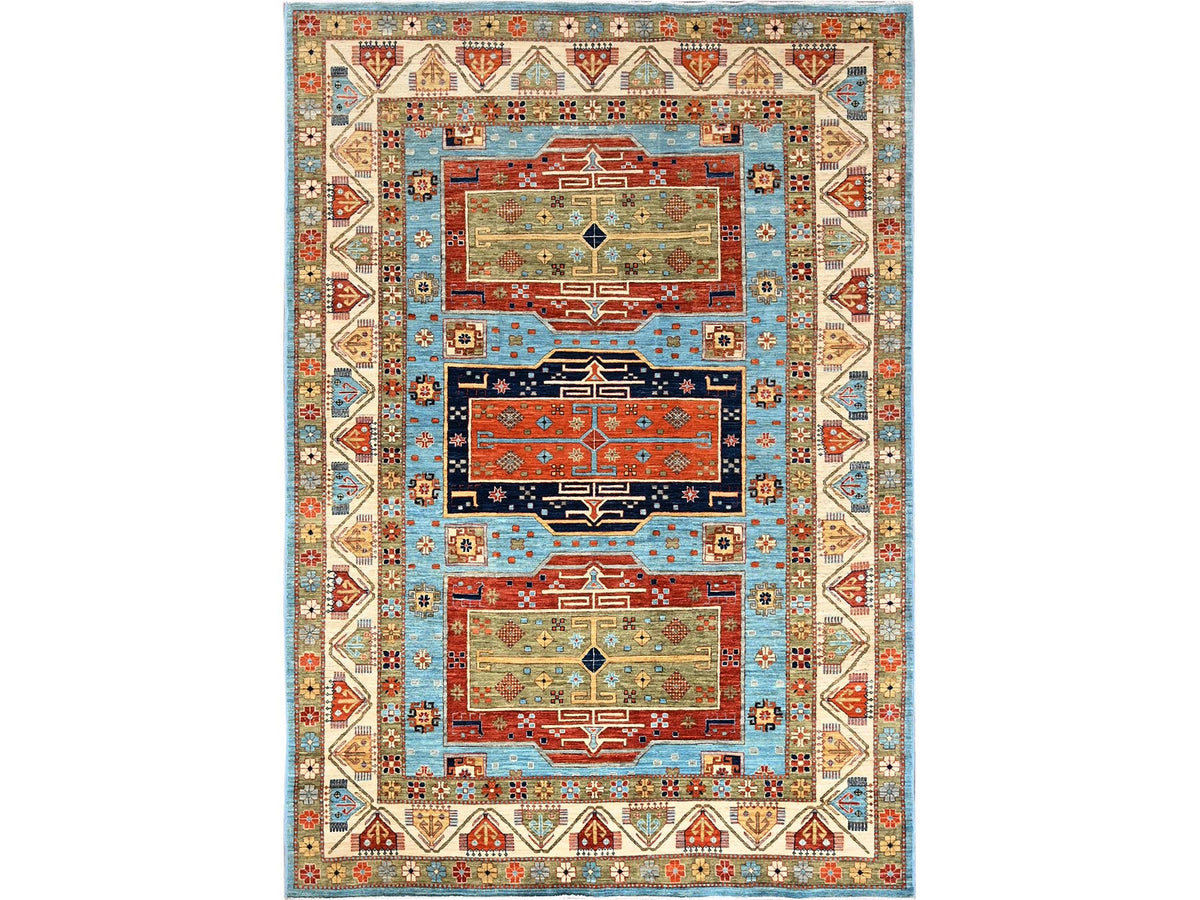 Tribal & Geometric hand-knotted wool rug in Blue & Ivory, 6' x 8'6" — SKU O01144
