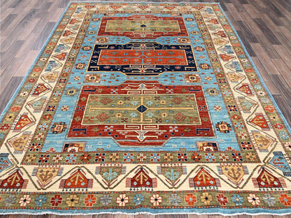 Blue 6'0" x 8'6" Tribal & Geometric Hand knotted Wool Rug - Sku: O01144