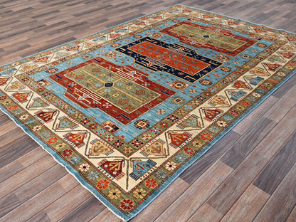 Blue 6'0" x 8'6" Tribal & Geometric Hand knotted Wool Rug - Sku: O01144