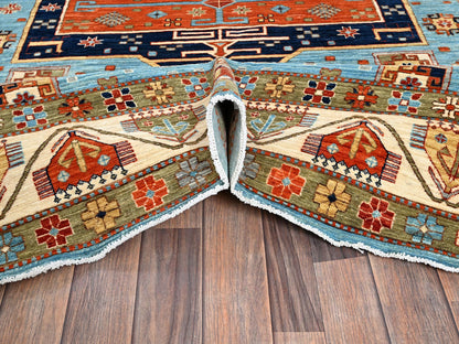 Blue 6'0" x 8'6" Tribal & Geometric Hand knotted Wool Rug - Sku: O01144