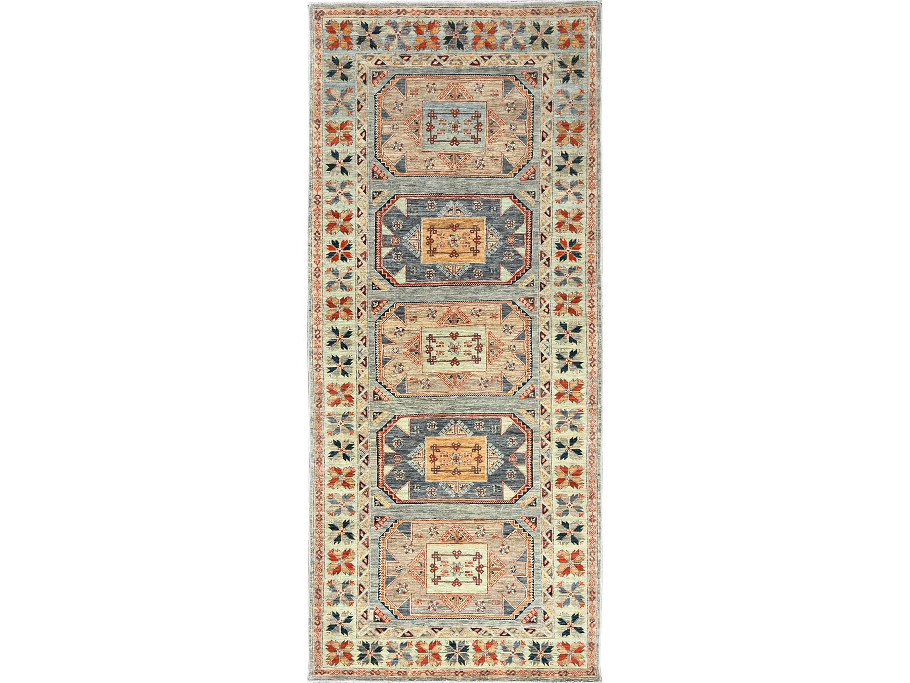 Green 3'11" x 9'5" Tribal & Geometric Hand knotted Wool Rug - Sku: O01145