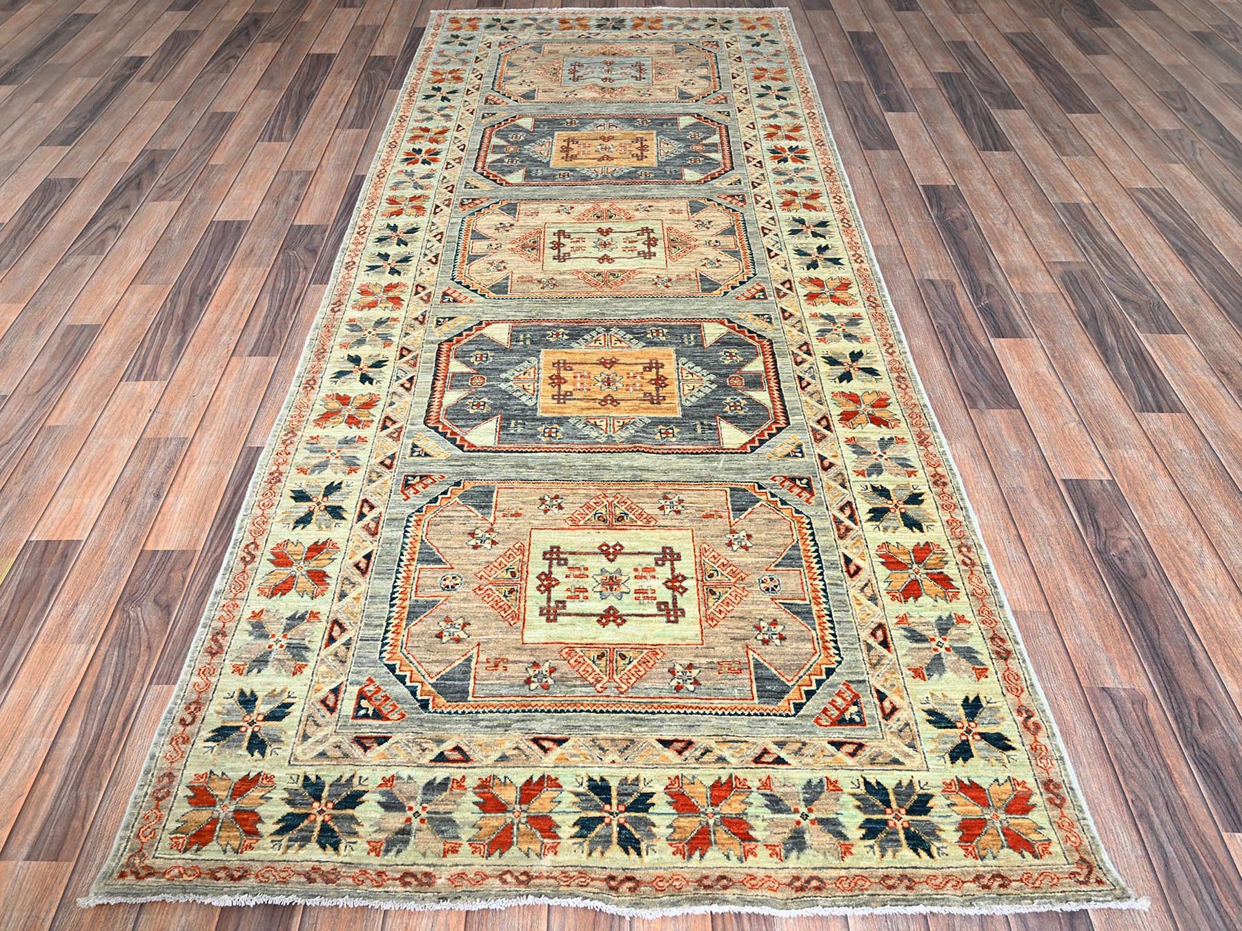 Green 3'11" x 9'5" Tribal & Geometric Hand knotted Wool Rug - Sku: O01145