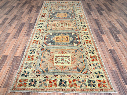Green 3'11" x 9'5" Tribal & Geometric Hand knotted Wool Rug - Sku: O01145