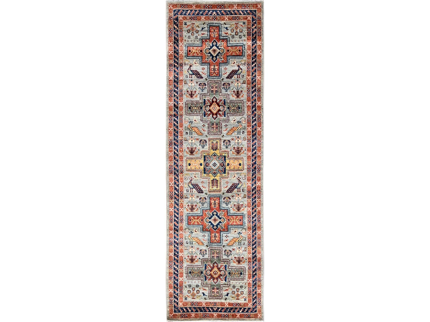 Grey 2'9" x 7'11" Tribal & Geometric Hand knotted Wool Rug - Sku: O01146