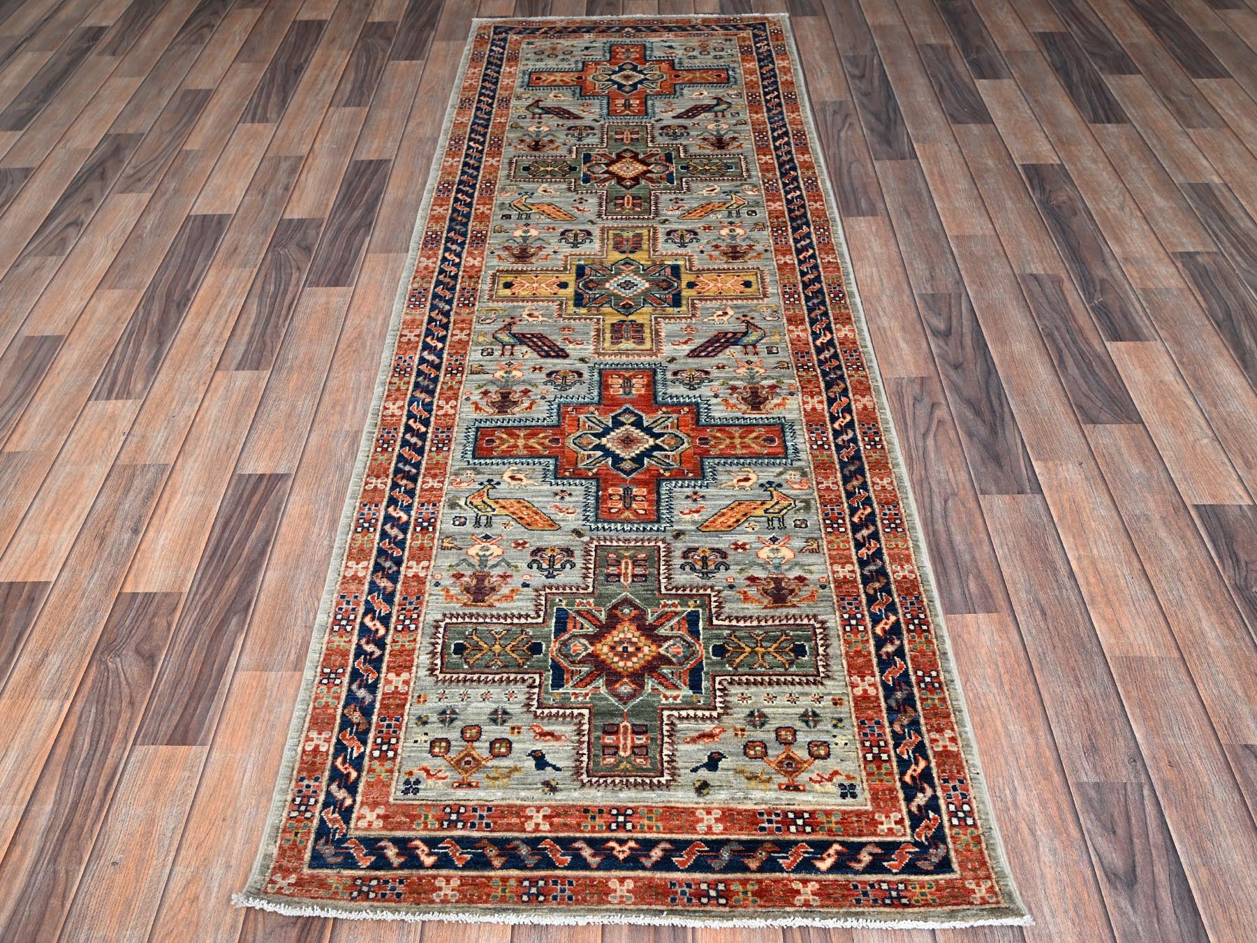 Grey 2'9" x 7'11" Tribal & Geometric Hand knotted Wool Rug - Sku: O01146