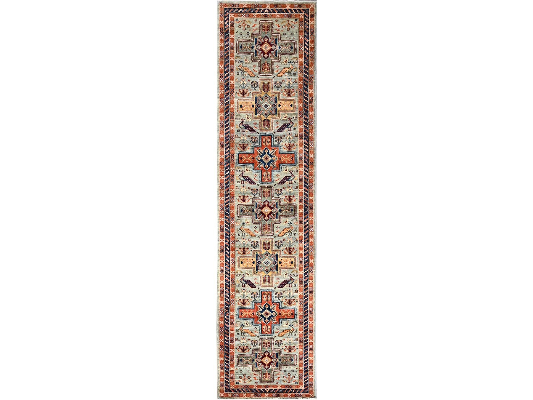 Grey 2'8" x 11'3" Tribal & Geometric Hand knotted Wool Rug - Sku: O01147