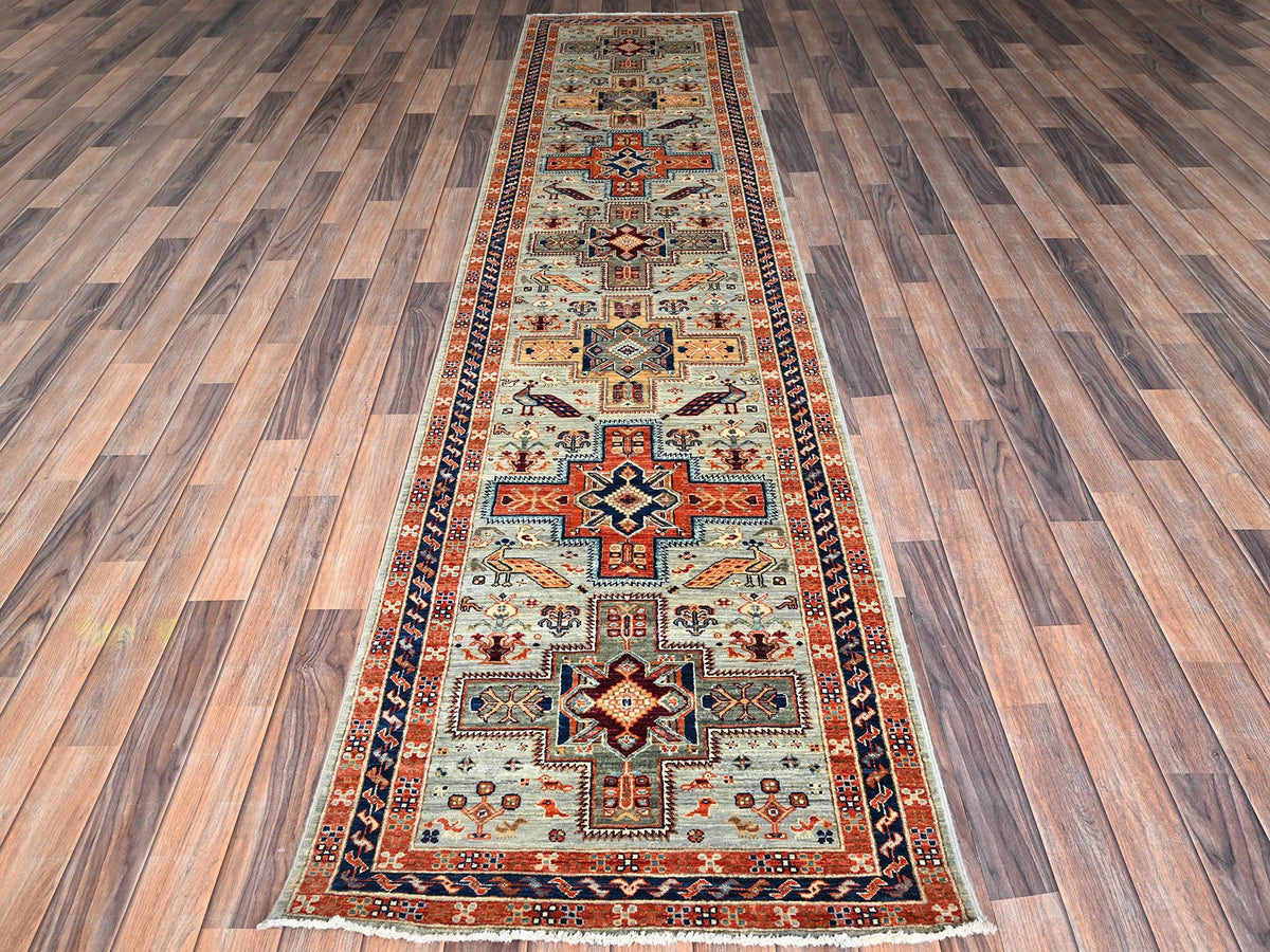 Tribal & Geometric hand-knotted wool runner in Gray & Navy Blue, 2'8" x 11'3" — SKU O01147 (view 2)