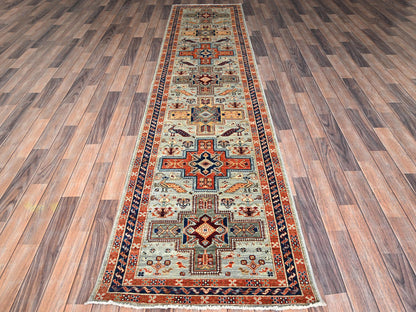 Tribal & Geometric hand-knotted wool runner in Gray & Navy Blue, 2'8" x 11'3" — SKU O01147 (view 2)