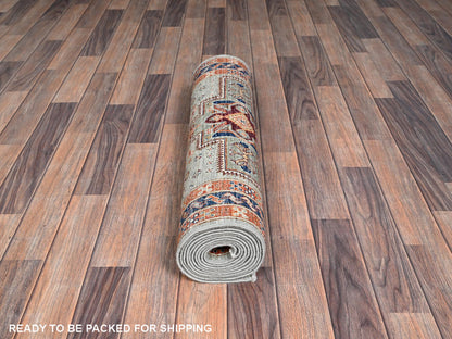 Grey 2'8" x 11'3" Tribal & Geometric Hand knotted Wool Rug - Sku: O01147