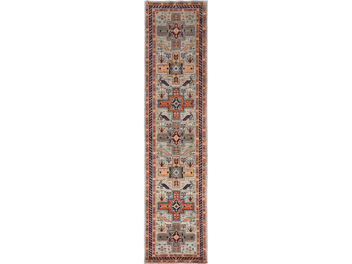 Tribal & Geometric hand-knotted wool runner in Gray & Navy Blue, 2'7" x 11'3" — SKU O01148