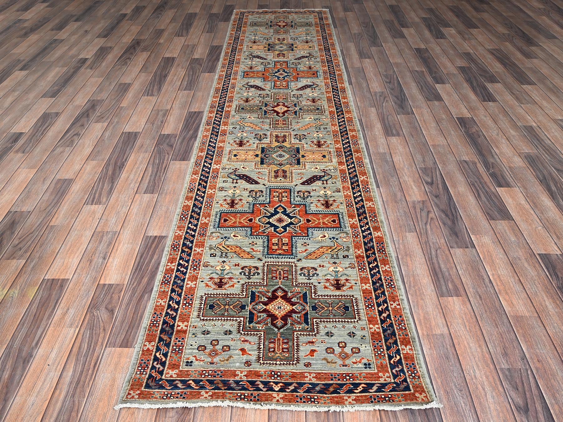 Grey 2'7" x 11'3" Tribal & Geometric Hand knotted Wool Rug - Sku: O01148