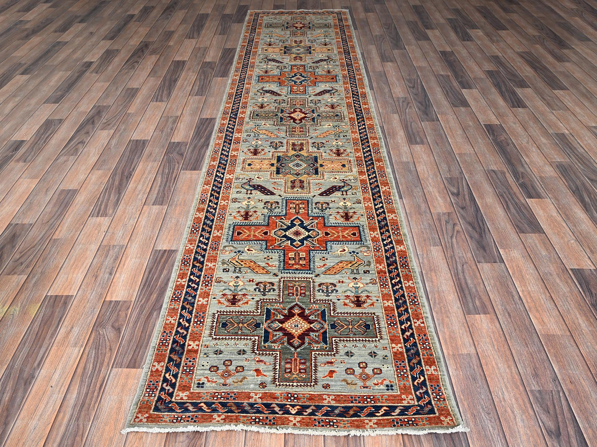 Tribal & Geometric hand-knotted wool runner in Gray & Navy Blue, 2'7" x 11'3" — SKU O01148 (view 2)
