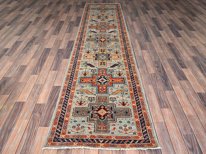 Tribal & Geometric hand-knotted wool runner in Gray & Navy Blue, 2'7" x 11'3" — SKU O01148 (view 2)
