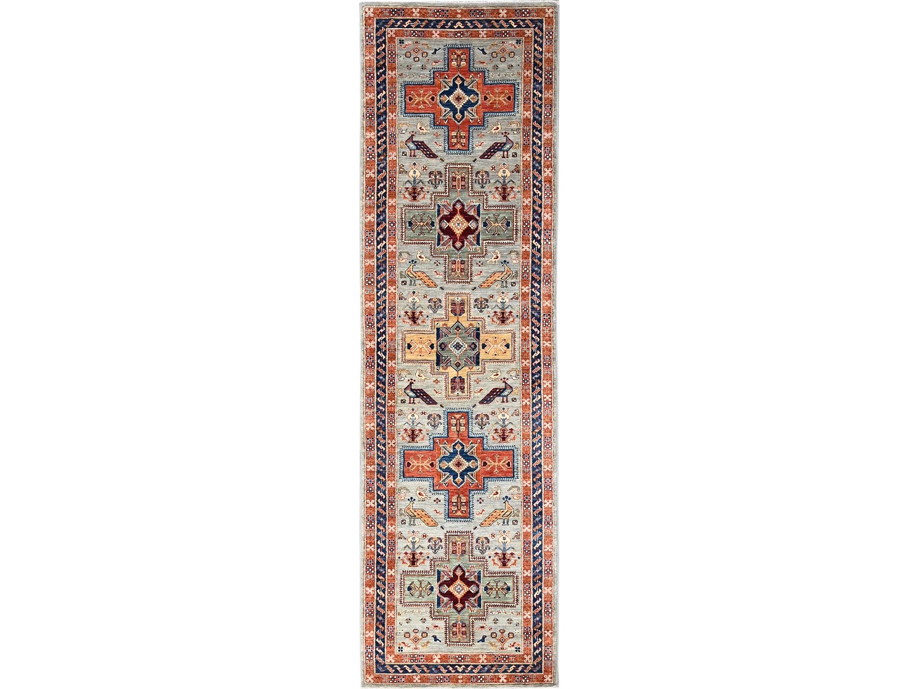 Tribal & Geometric hand-knotted wool runner in Gray & Navy Blue, 2'8" x 9'7" — SKU O01150