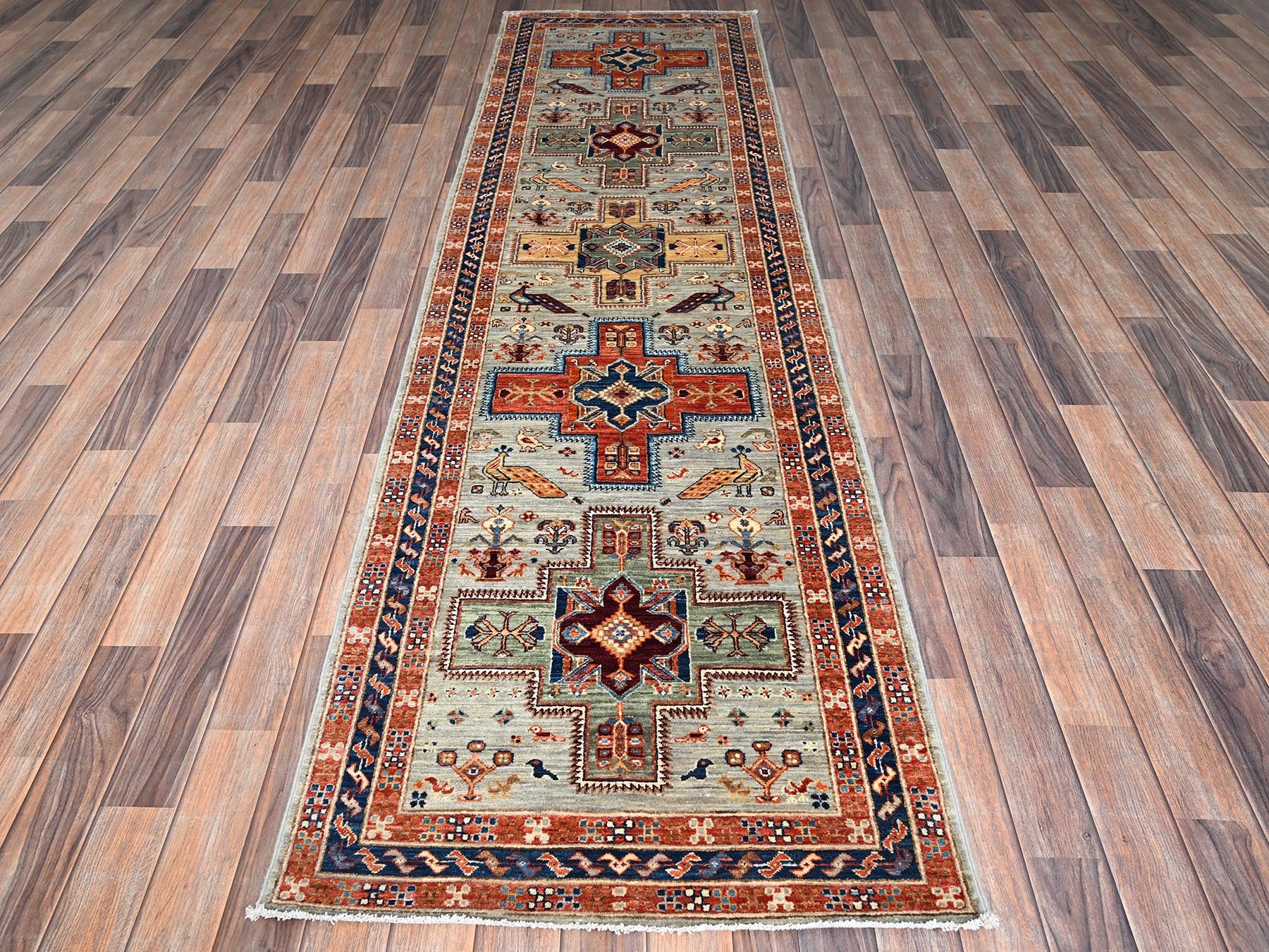 Tribal & Geometric hand-knotted wool runner in Gray & Navy Blue, 2'8" x 9'7" — SKU O01150 (view 2)