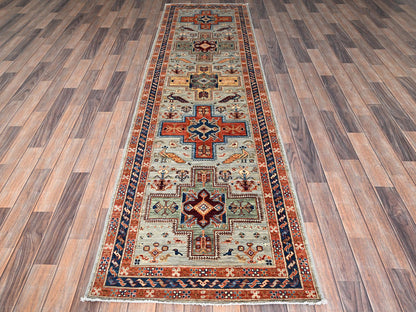 Tribal & Geometric hand-knotted wool runner in Gray & Navy Blue, 2'8" x 9'7" — SKU O01150 (view 2)