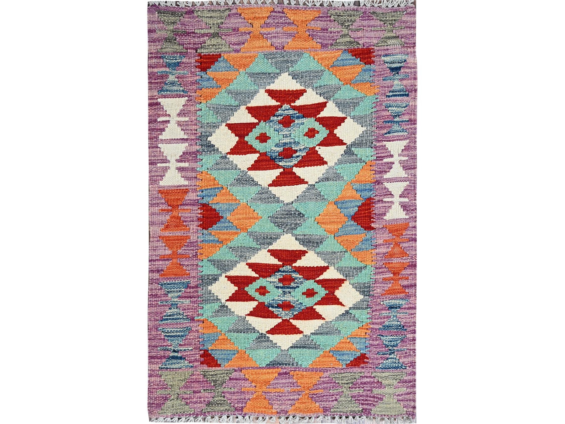 Kilim Flat-Weave hand-knotted wool rug in Teal & Purple, 1'11" x 2'11" — SKU O01174