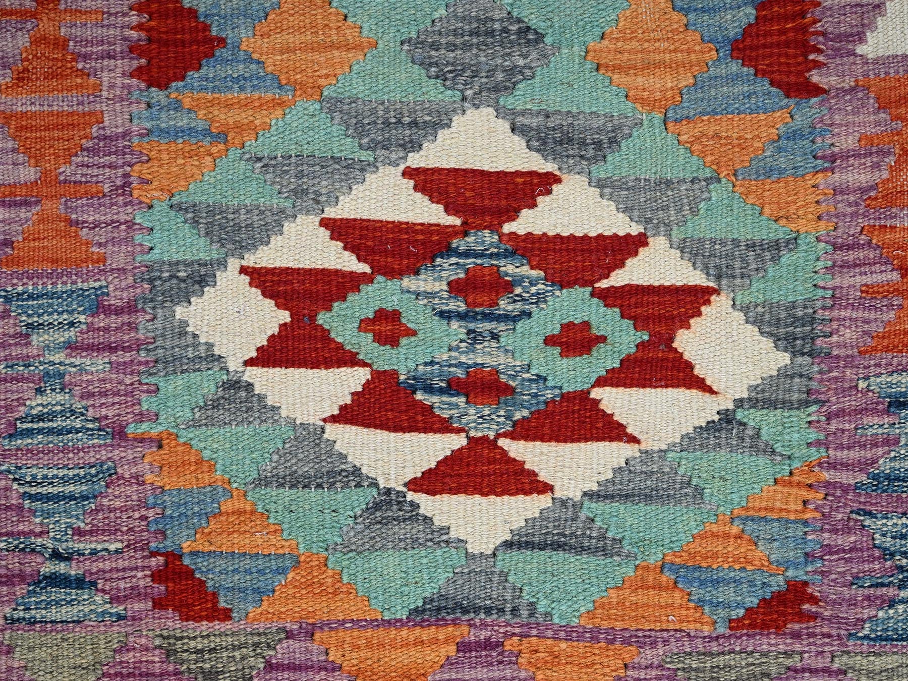 Kilim Flat-Weave hand-knotted wool rug in Teal & Purple, 1'11" x 2'11" — SKU O01174 (view 2)