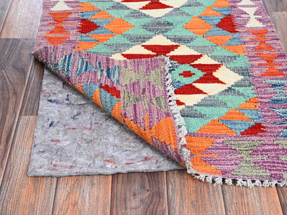 Kilim Flat-Weave hand-knotted wool rug in Teal & Purple, 1'11" x 2'11" — SKU O01174 (view 3)