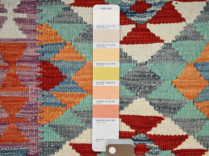 Kilim Flat-Weave hand-knotted wool rug in Teal & Purple, 1'11" x 2'11" — SKU O01174 (view 4)
