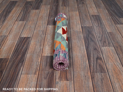 Kilim Flat-Weave hand-knotted wool rug in Teal & Purple, 1'11" x 2'11" — SKU O01174 (view 5)