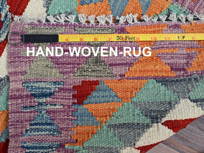 Kilim Flat-Weave hand-knotted wool rug in Teal & Purple, 1'11" x 2'11" — SKU O01174 (view 6)