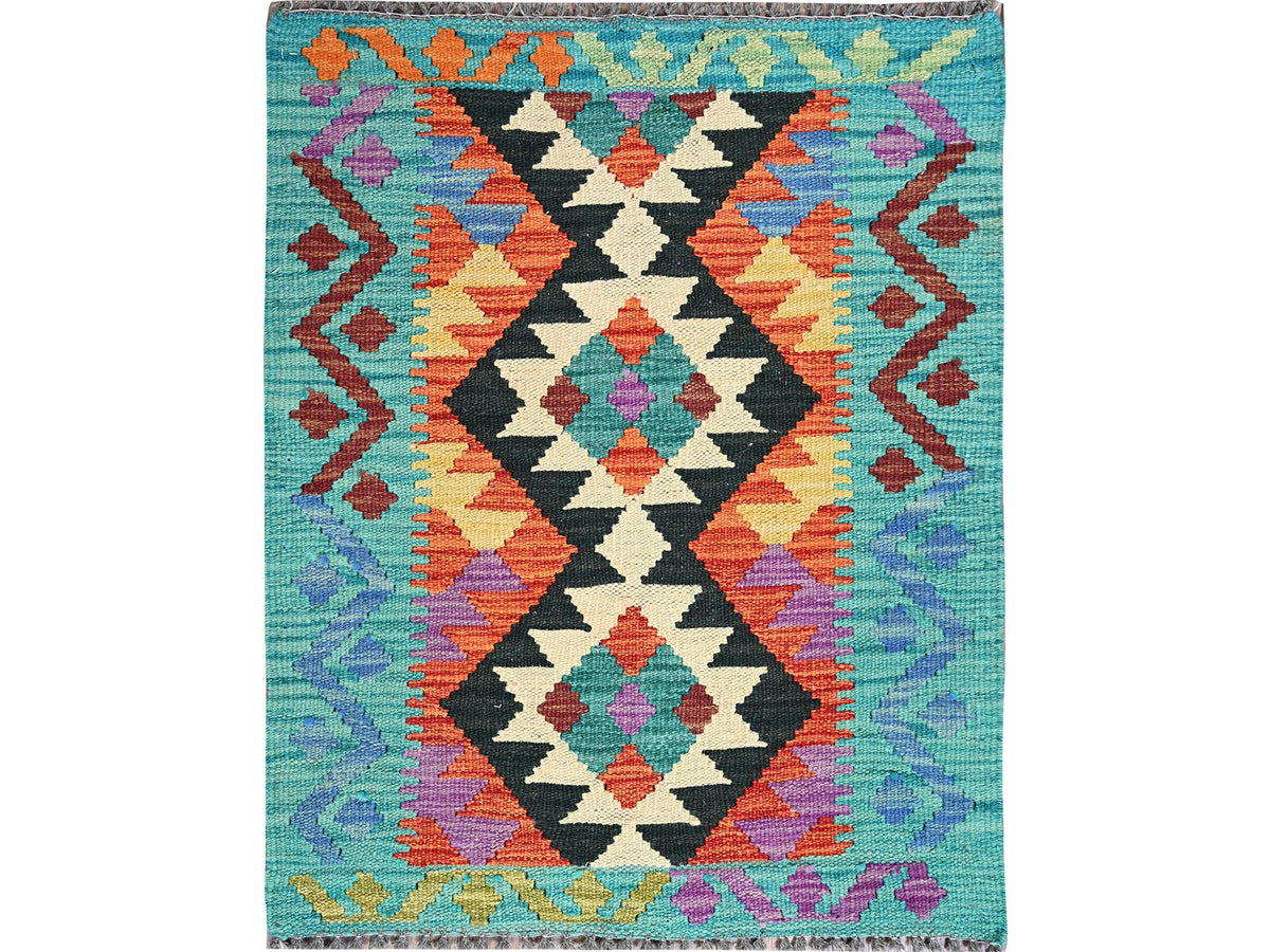 Kilim Flat-Weave hand-knotted wool rug in Orange & Blue, 2'1" x 2'8" — SKU O01180