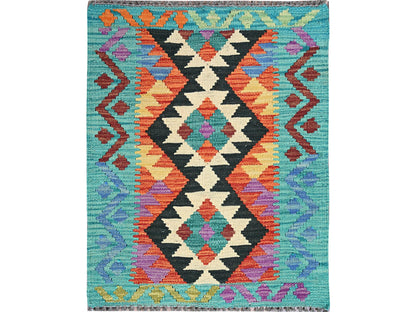 Kilim Flat-Weave hand-knotted wool rug in Orange & Blue, 2'1" x 2'8" — SKU O01180