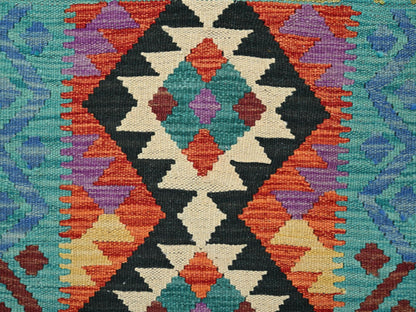 Kilim Flat-Weave hand-knotted wool rug in Orange & Blue, 2'1" x 2'8" — SKU O01180 (view 2)