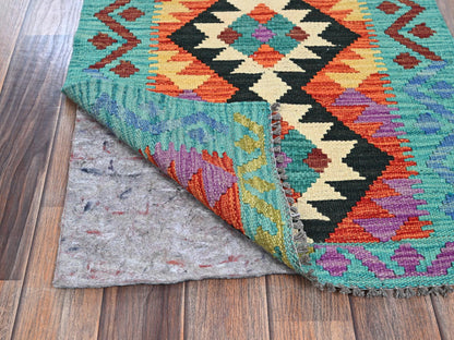 Kilim Flat-Weave hand-knotted wool rug in Orange & Blue, 2'1" x 2'8" — SKU O01180 (view 3)