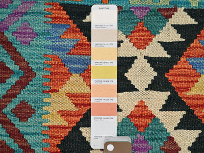 Kilim Flat-Weave hand-knotted wool rug in Orange & Blue, 2'1" x 2'8" — SKU O01180 (view 4)