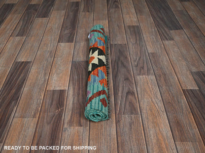 Kilim Flat-Weave hand-knotted wool rug in Orange & Blue, 2'1" x 2'8" — SKU O01180 (view 5)