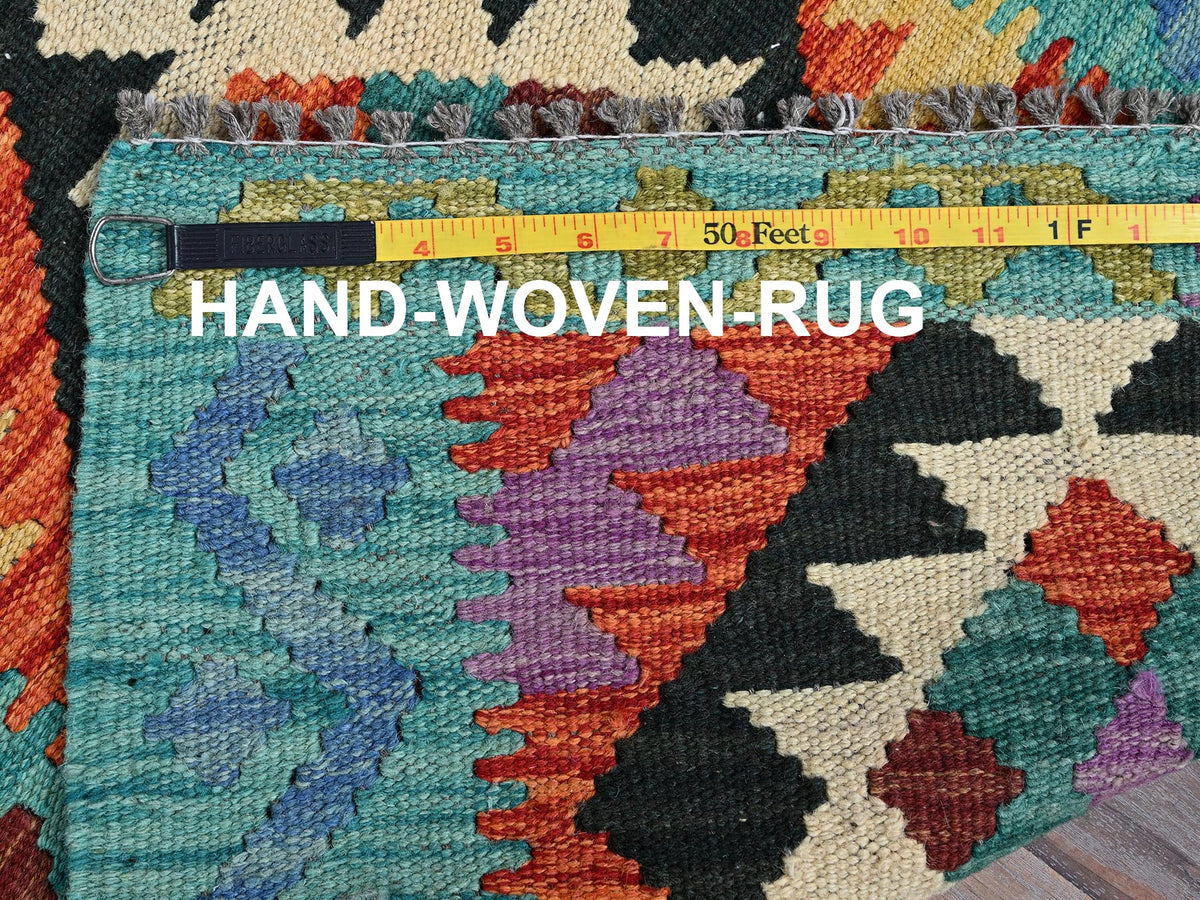 Kilim Flat-Weave hand-knotted wool rug in Orange & Blue, 2'1" x 2'8" — SKU O01180 (view 6)