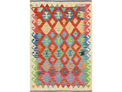 Kilim Flat-Weave hand-knotted wool rug in Orange & Ivory, 3'4" x 4'9" — SKU O01189