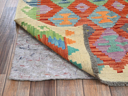 Kilim Flat-Weave hand-knotted wool rug in Orange & Ivory, 3'4" x 4'9" — SKU O01189 (view 3)