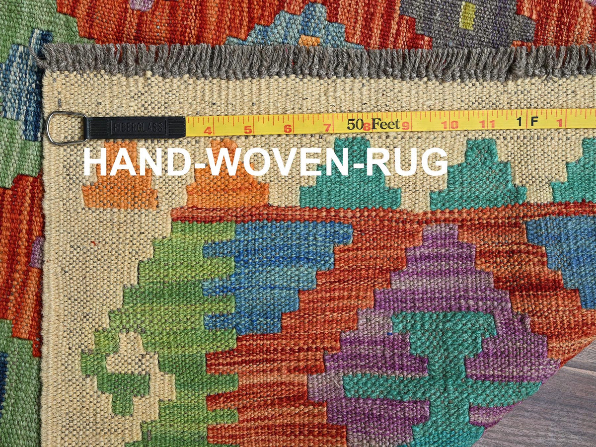 Kilim Flat-Weave hand-knotted wool rug in Orange & Ivory, 3'4" x 4'9" — SKU O01189 (view 6)