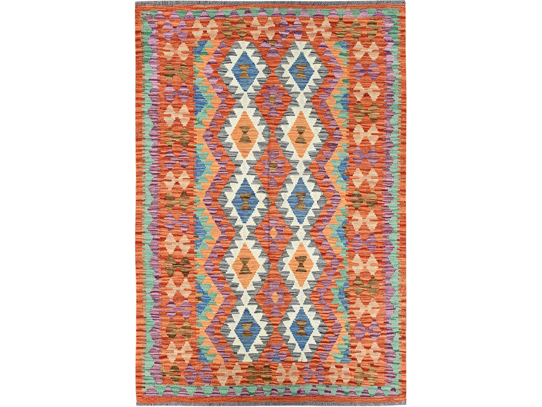 Orange 4'0" x 6'3" Flat Weave Hand woven Wool Rug - Sku: O01193