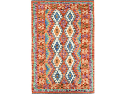 Orange 4'0" x 6'3" Flat Weave Hand woven Wool Rug - Sku: O01193