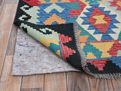 Blue 6'9" x 9'8" Flat Weave Hand woven Wool Rug - Sku: O01238
